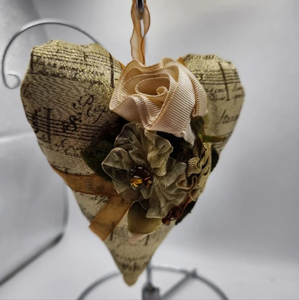 Christmas Ornament, Pillow heart, Music theme, gold shimmer, floral